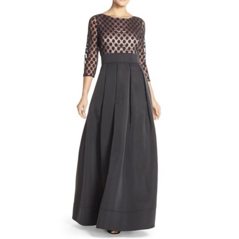 Eliza J Women's Size 6 Polka Dot Mesh Faille Ballgown Formal Black Pockets Maxi